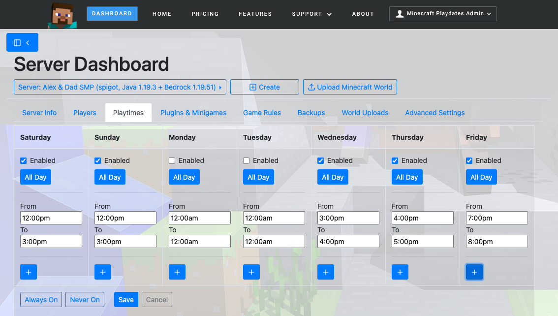 MCPlaydates dashboard: setting playtimes.
